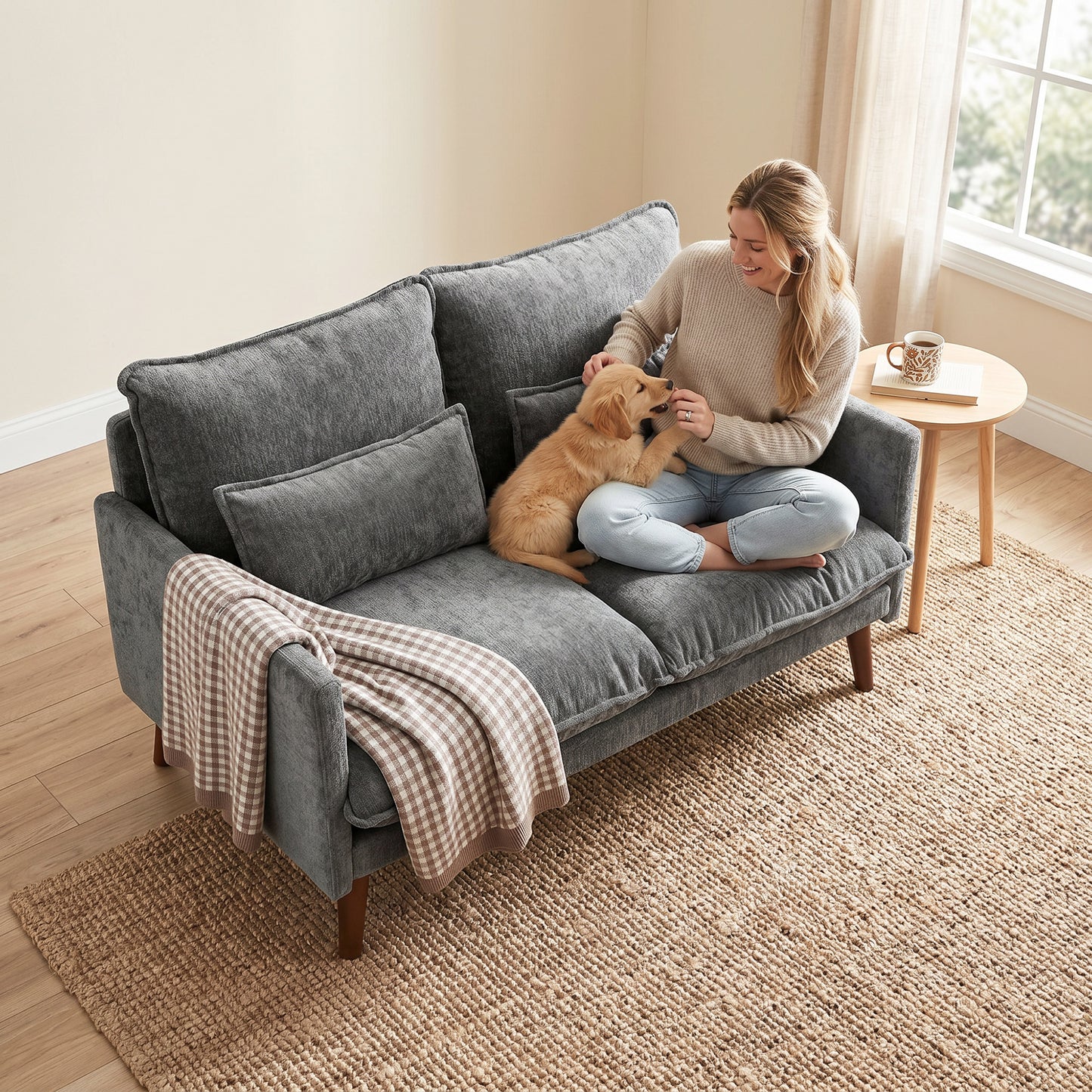 HOMCOM 2 Seater Sofa, Loveseat Sofa with Spring Cushions, Wide and Deep Seat, Wood Legs, Grey