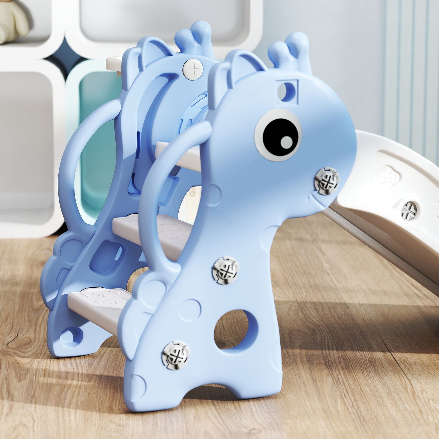 AIYAPLAY 3 in 1 Kids Slide with Climber, Basketball Hoop and Ball, Giraffe Shape Climber Slide for Indoor Kids Age 1-3, Blue
