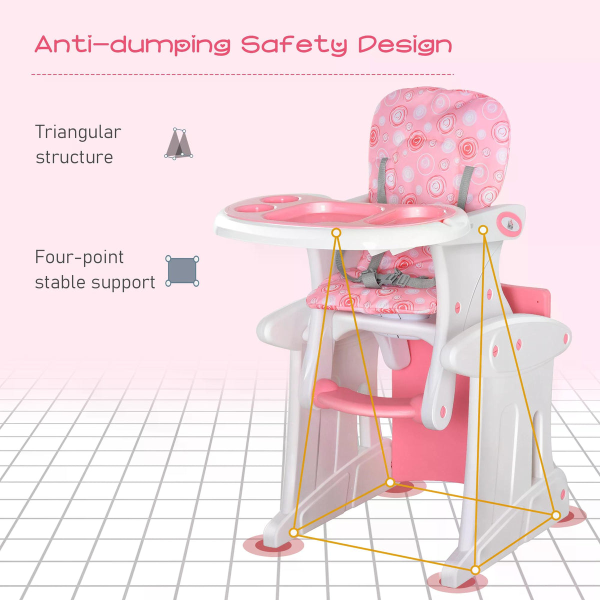 Pink and white baby high chair with stable wide base and patterned padded seat