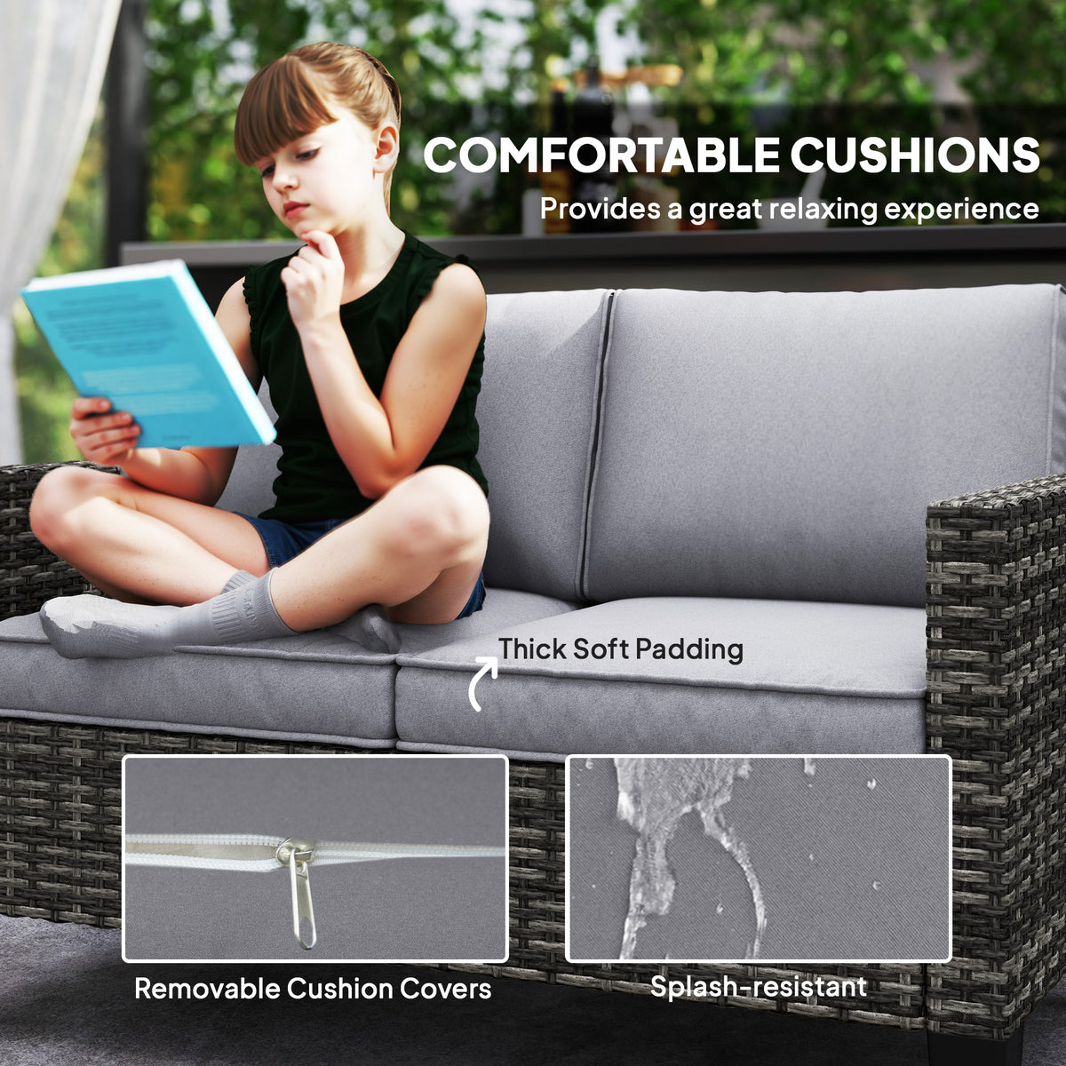 Gray sofa cushions with thick padding and removable, splash-resistant covers