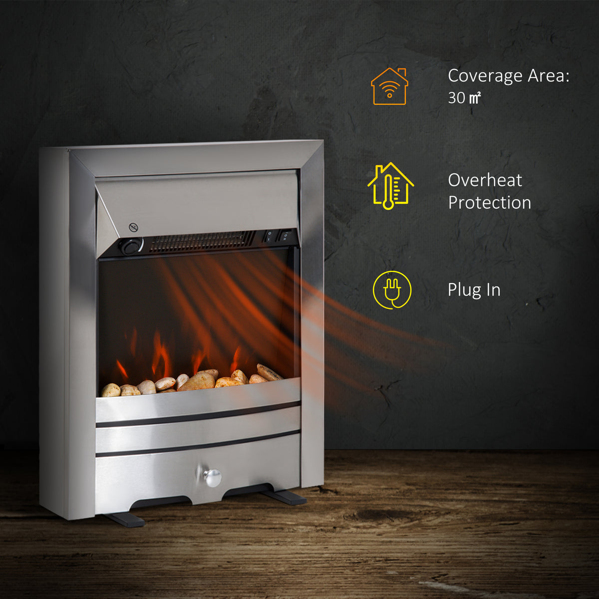 Electric fireplace heater with pebble bed, overheat protection, and heat coverage up to 30 m²