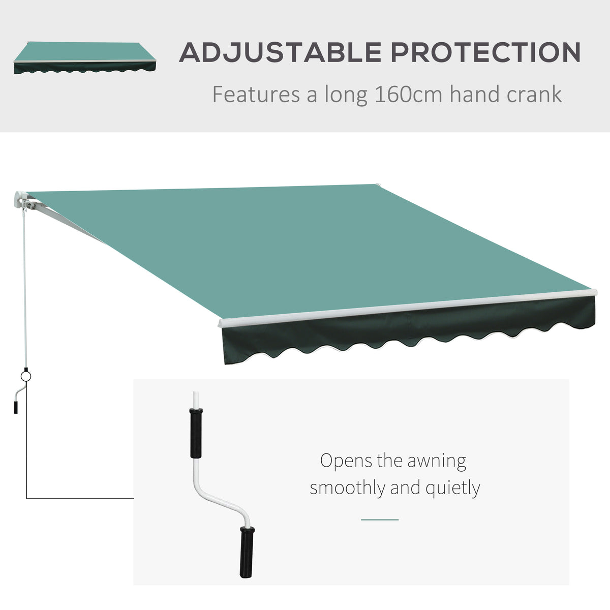 Grey-green retractable awning with long hand crank and scalloped valance