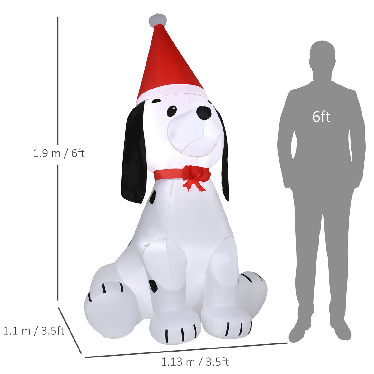 Inflatable Christmas puppy with Santa hat and bow, shown beside a 6-foot height comparison.
