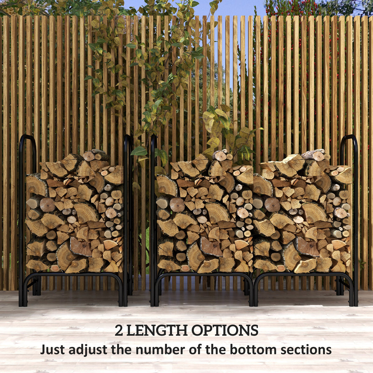 Black metal firewood rack shown in two lengths, filled with logs