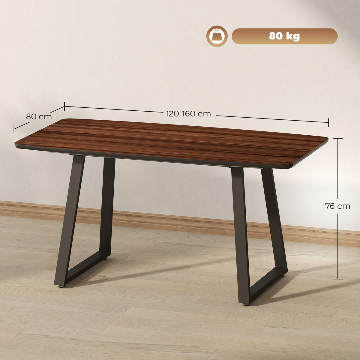 Rectangular wood-effect dining table shown extended to 160 cm, with steel legs