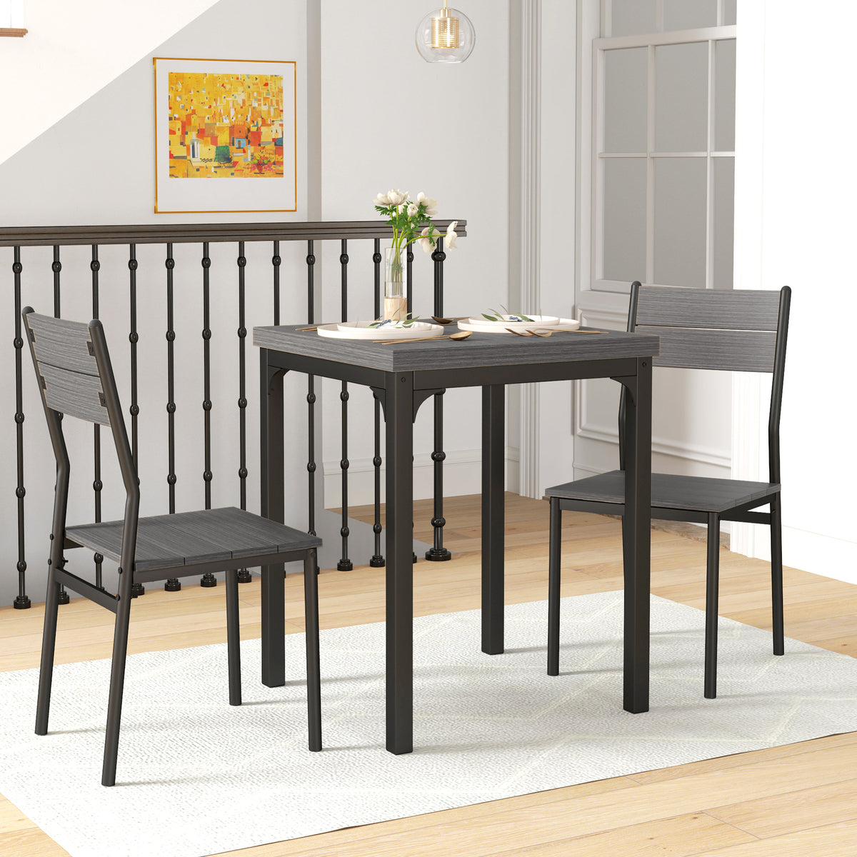 HOMCOM Three-Piece Minimal and Compact Dining Set, Grey Wood Effect