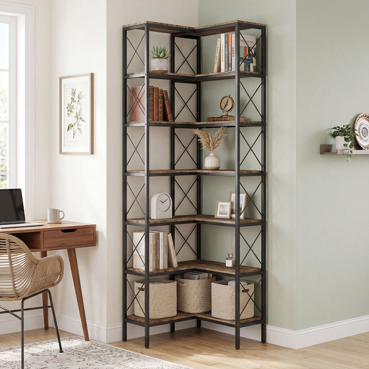 HOMCOM 6-Tier L-Shaped Bookshelf, Freestanding Corner Bookcase with Metal Frame, Rustic Brown