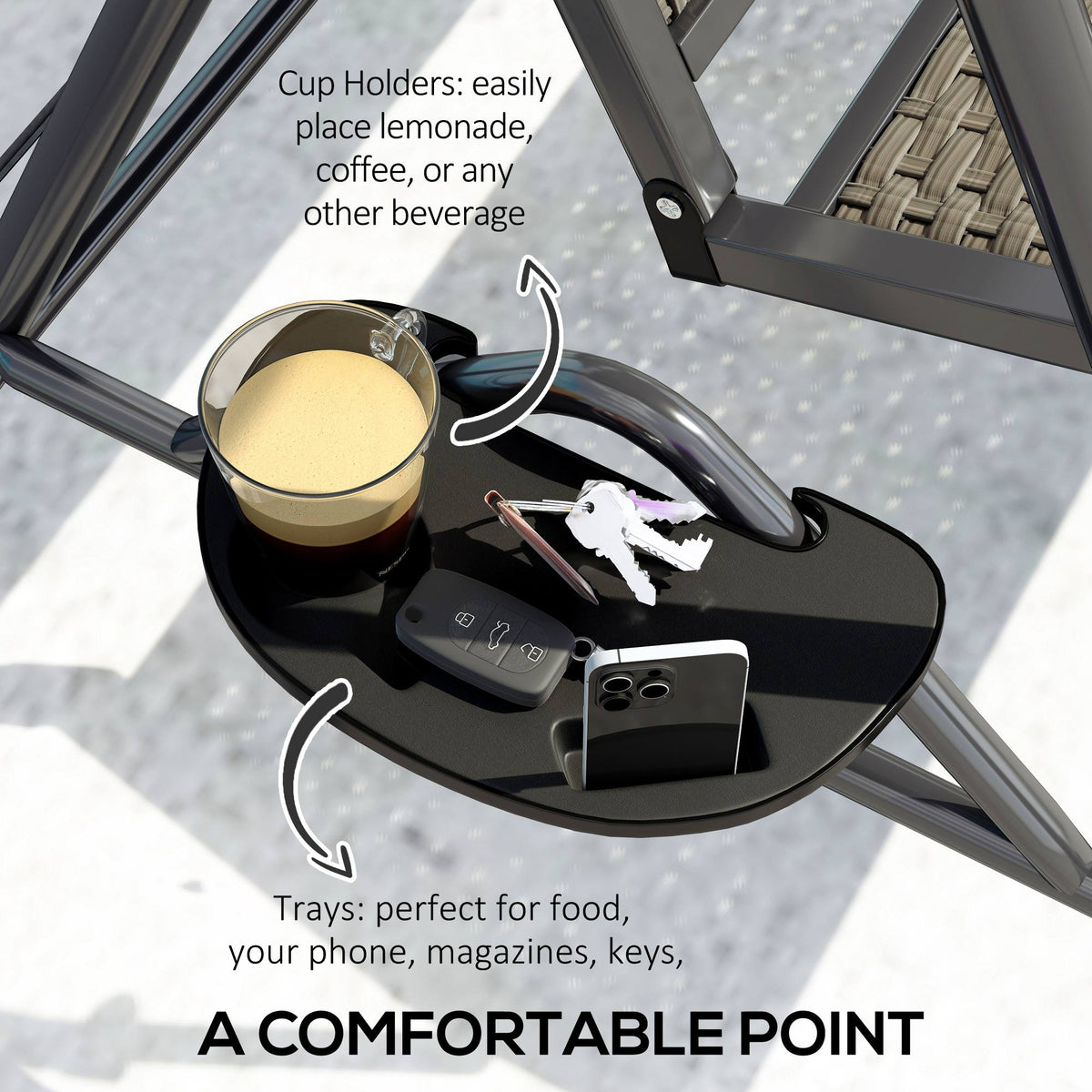 Outsunny swing chair side tray with cup holders and space for a phone and keys