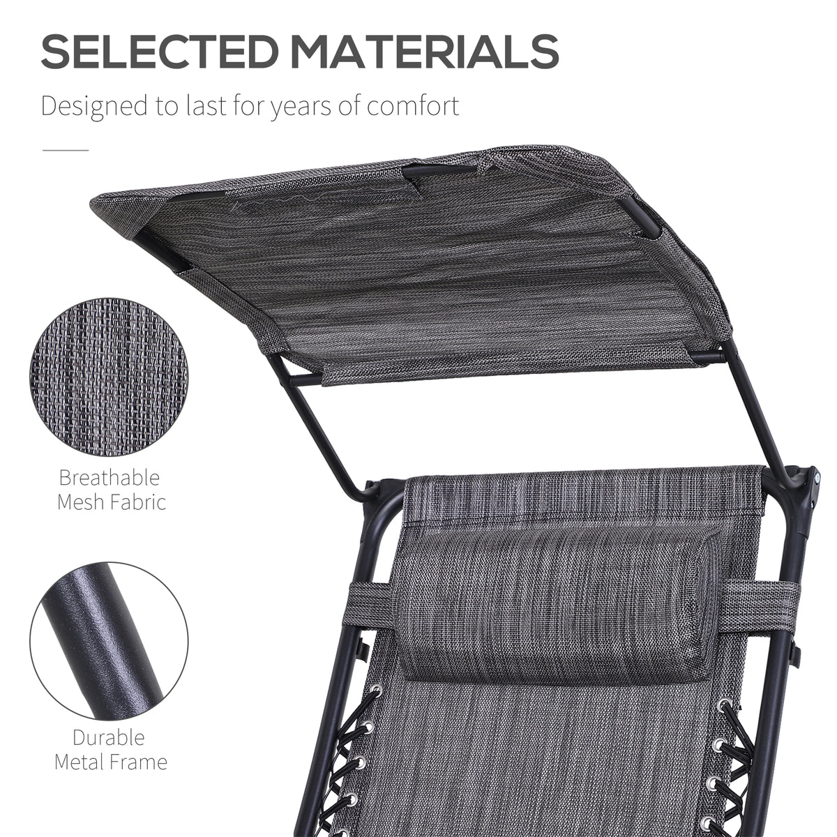 Gray mesh chair with adjustable canopy, padded headrest and dark metal frame