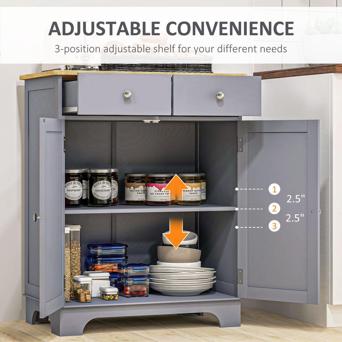 Grey sideboard cabinet with two drawers, open doors, and an adjustable shelf