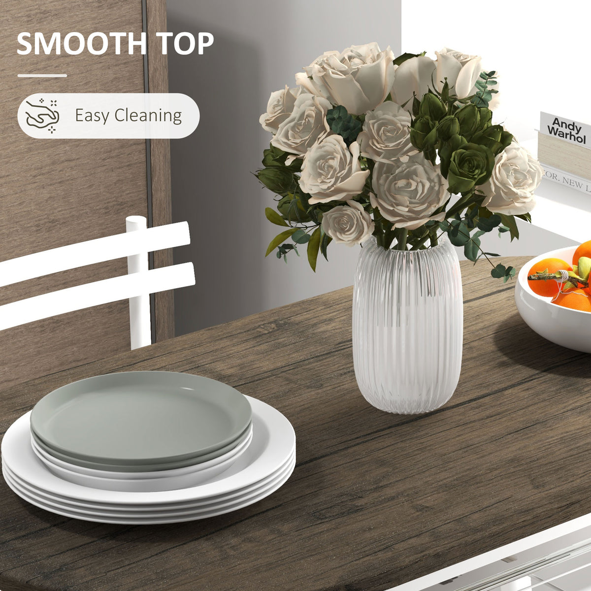 Close view of the smooth dark wood-look dining table top and white frame