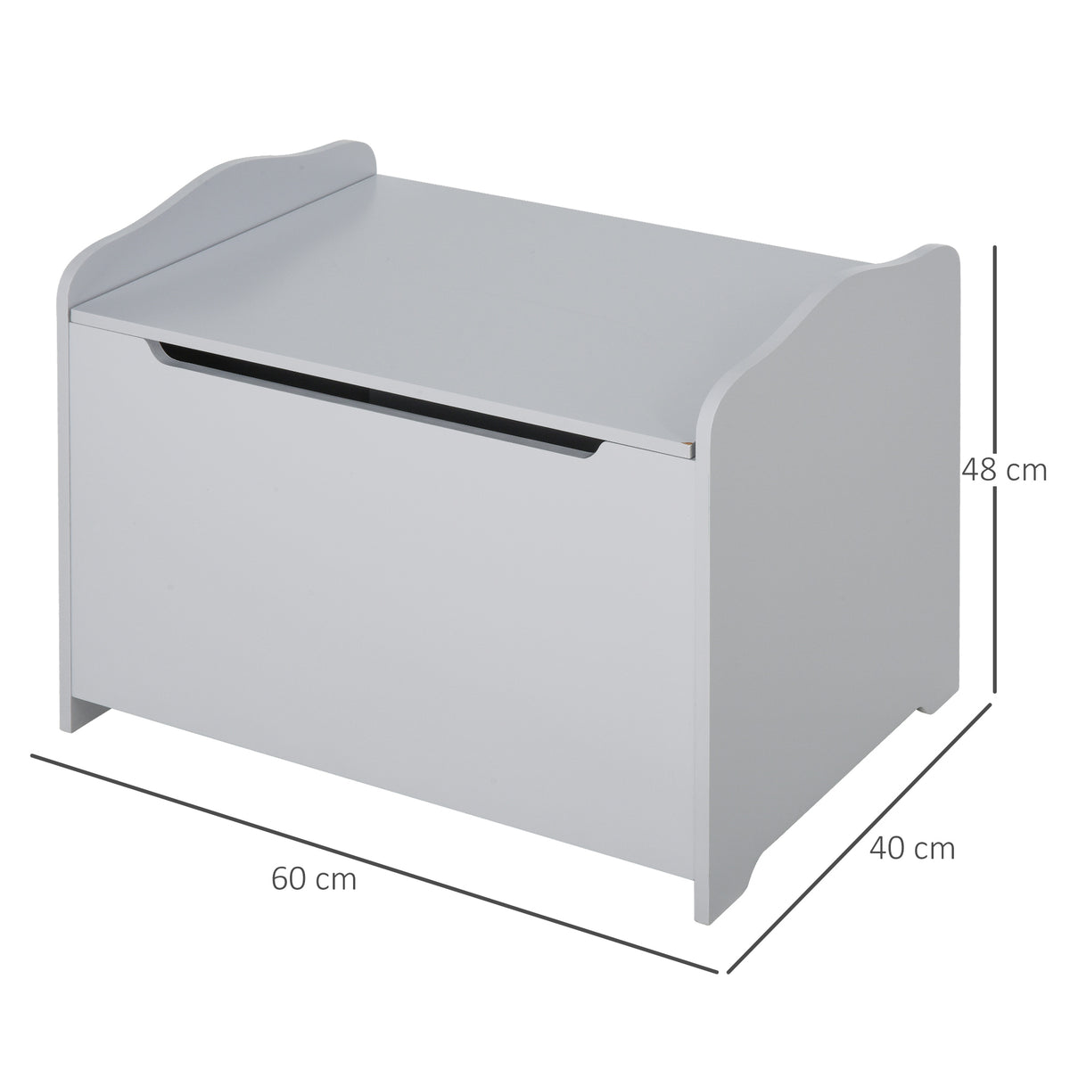 Grey wooden toy storage chest with lift-up lid, safety hinge and 60 x 40 x 48 cm dimensions