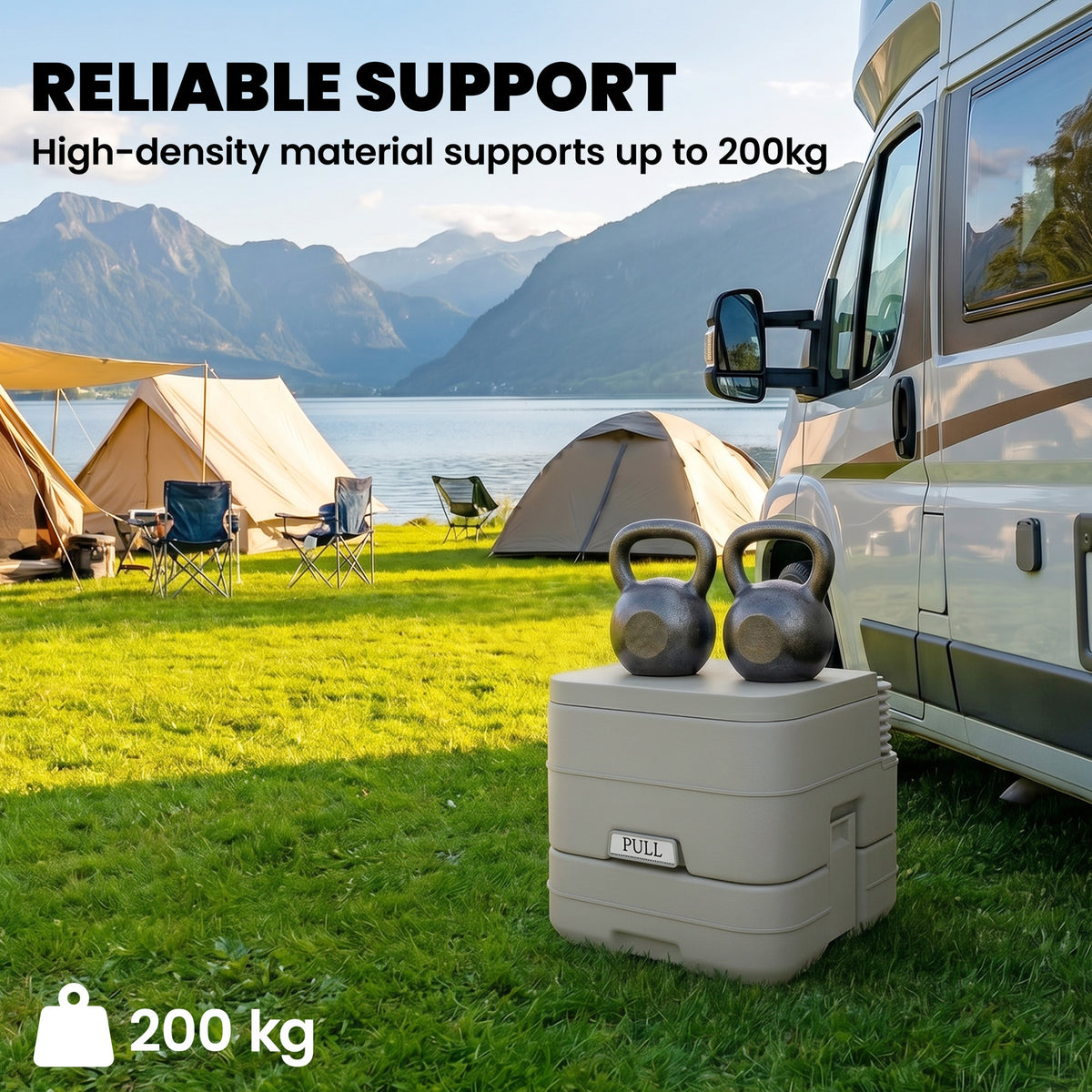 Grey portable toilet supporting two kettlebells, with a 200 kg capacity
