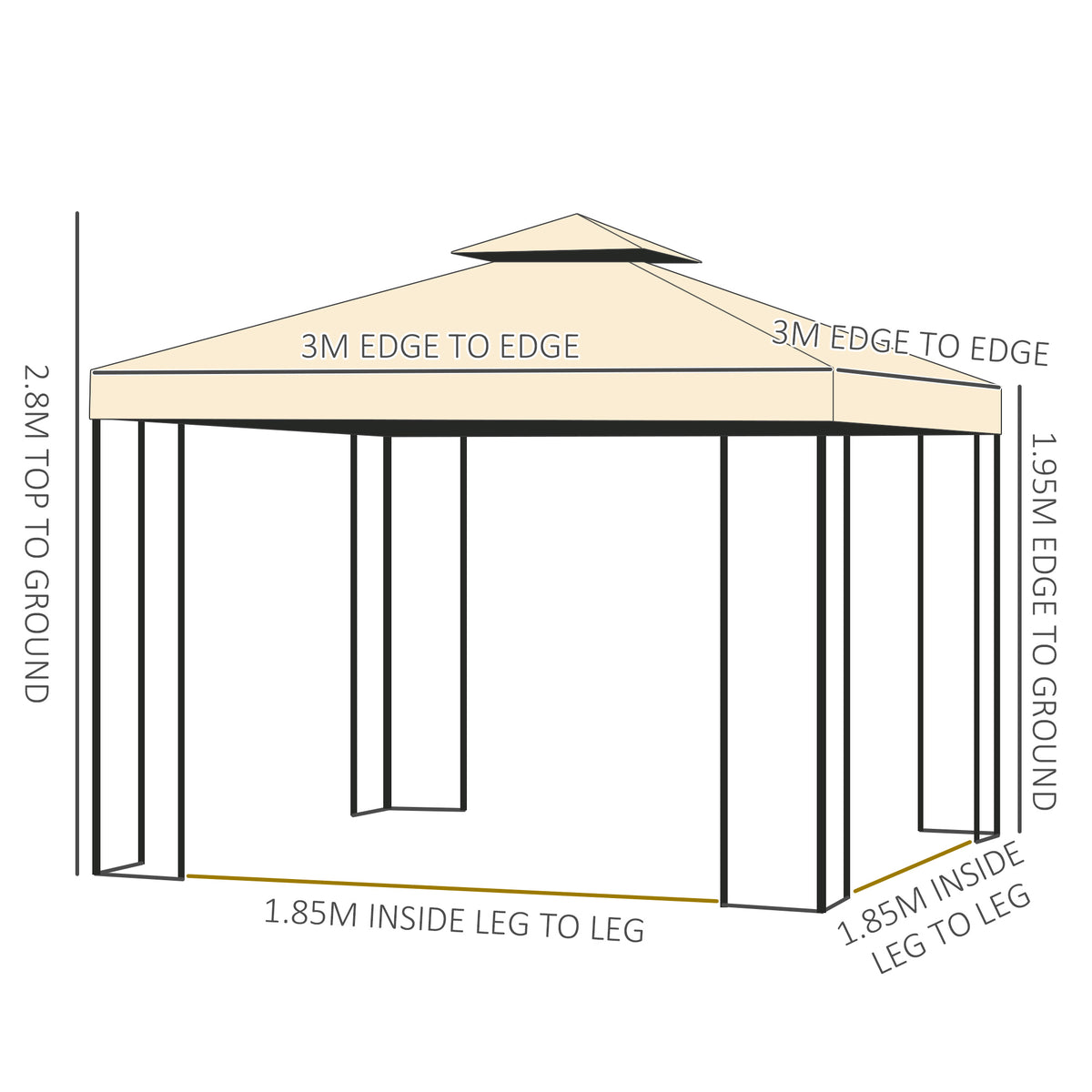 Beige double-roof garden gazebo with steel frame and dimensions labeled