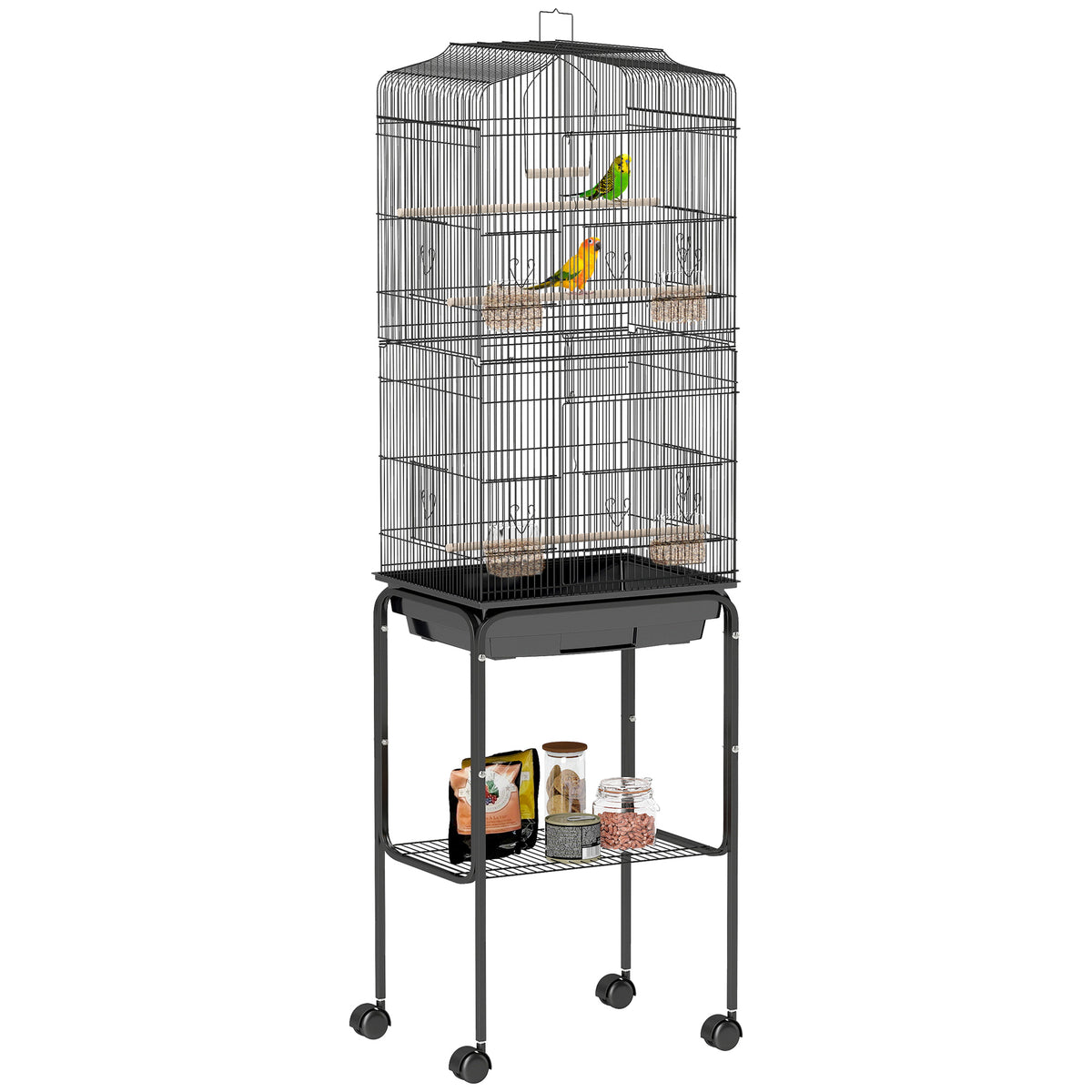Black bird cage on a wheeled stand with perches, tray, and lower storage shelf