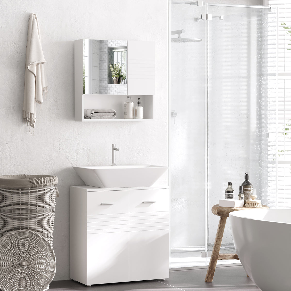 White wall-mounted mirror cabinet above a bathroom sink, with a mirrored door and open shelf