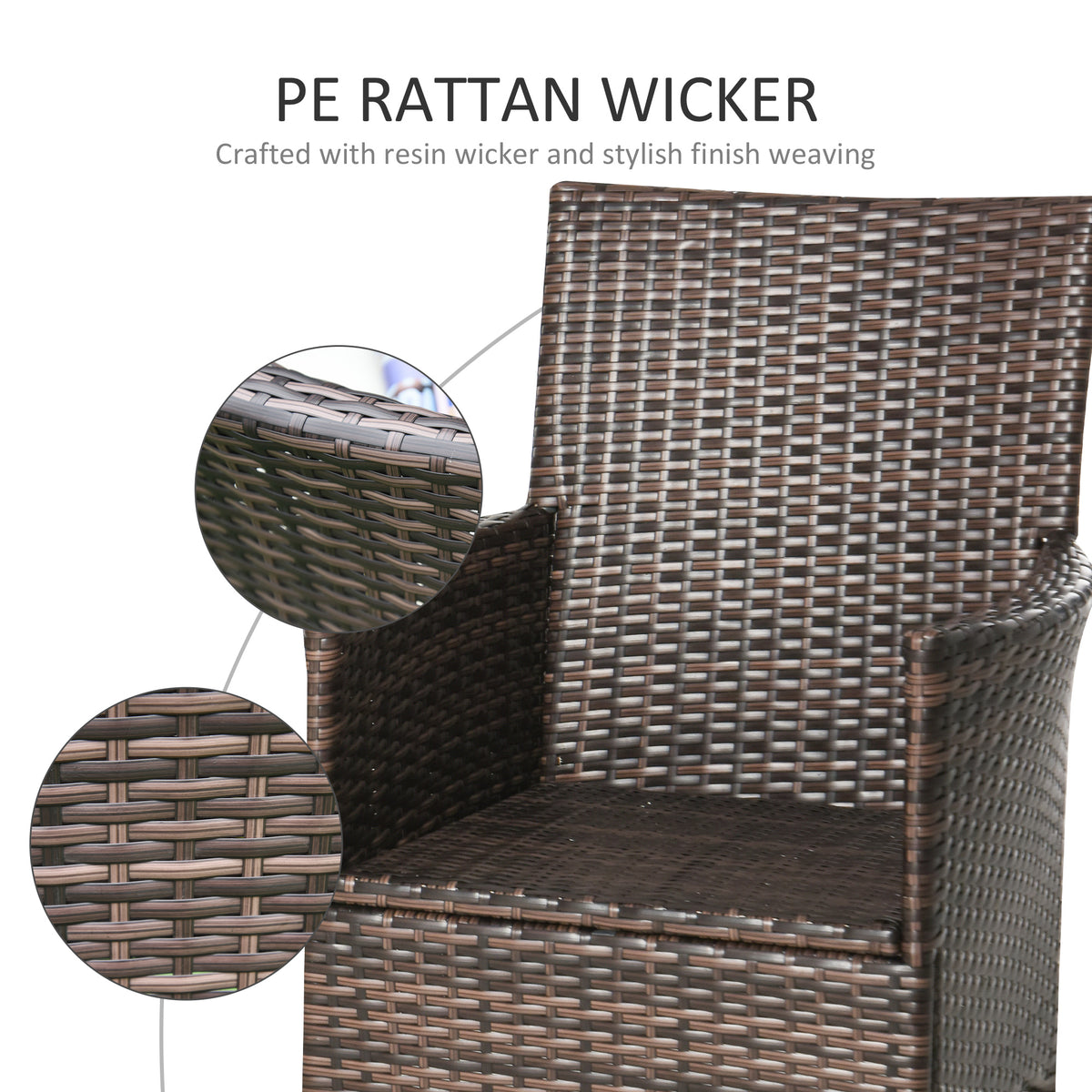 Brown resin wicker armchair with close-ups of its woven rattan texture