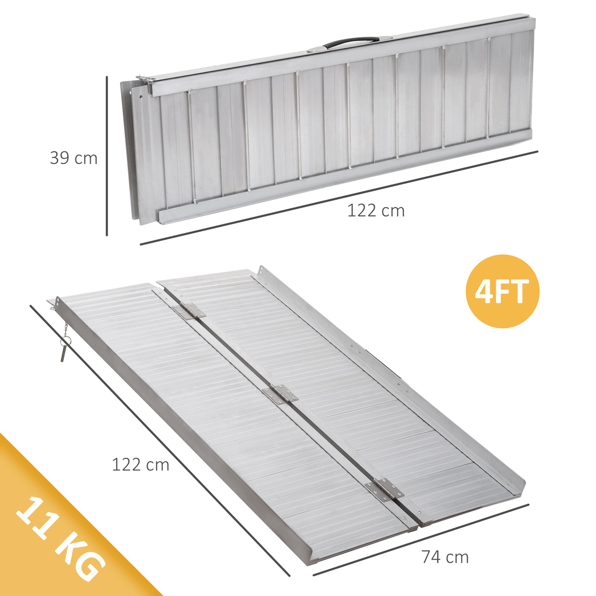 Foldable aluminum wheelchair ramp shown open and folded, with 122 cm length and 74 cm width