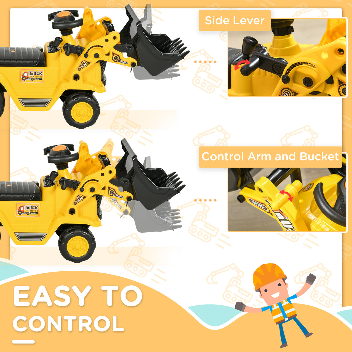 Yellow ride-on excavator with movable bucket, control arm and side lever.
