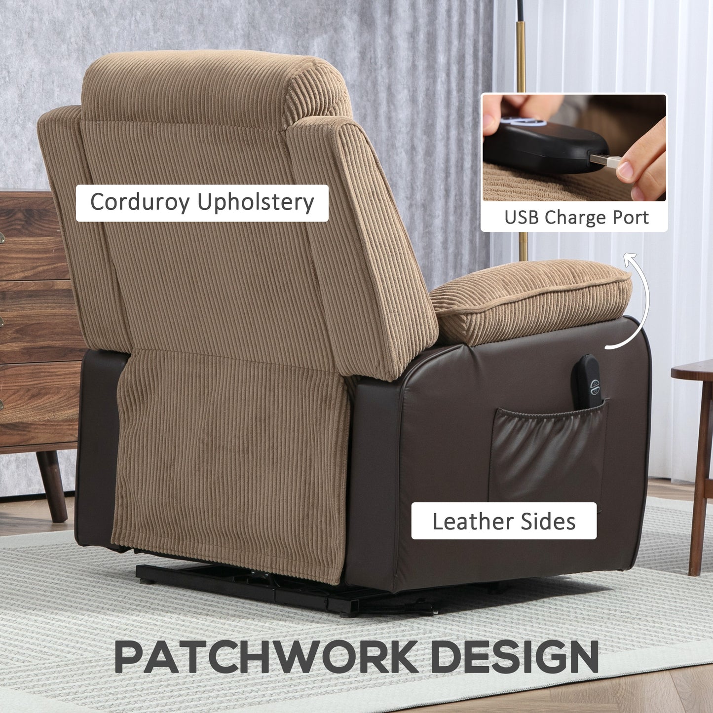 Rear view of corduroy lift recliner with dark leather-look sides and USB charging port
