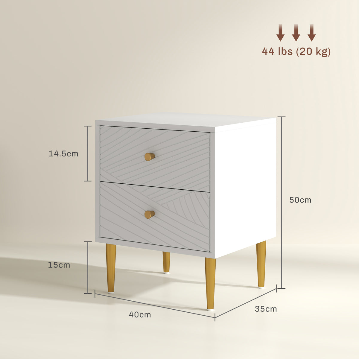 Two-drawer bedside table, 50 cm tall and 40 by 35 cm, with gold-tone legs