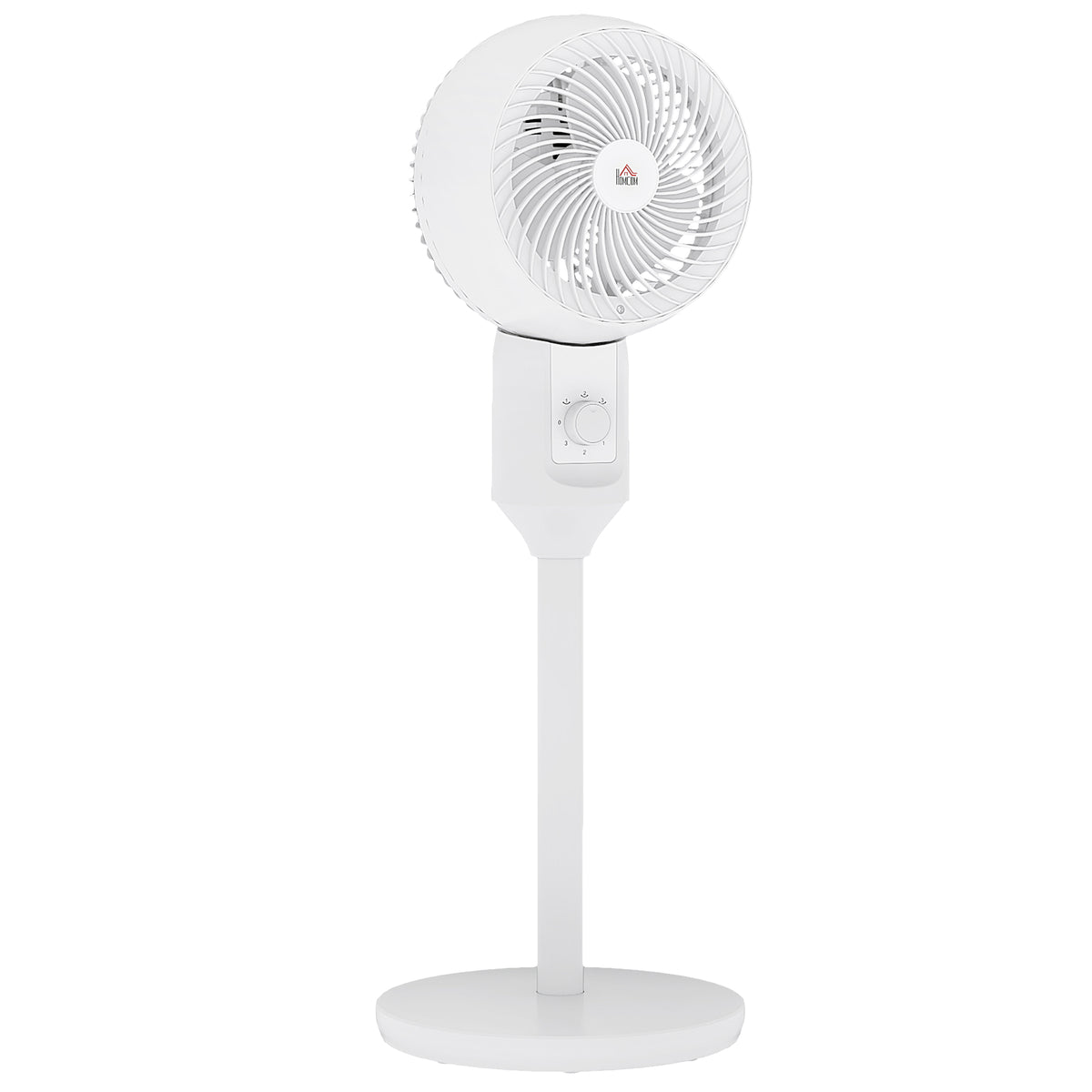 White HOMCOM pedestal fan with round grille, control dial, slim stand, and circular base