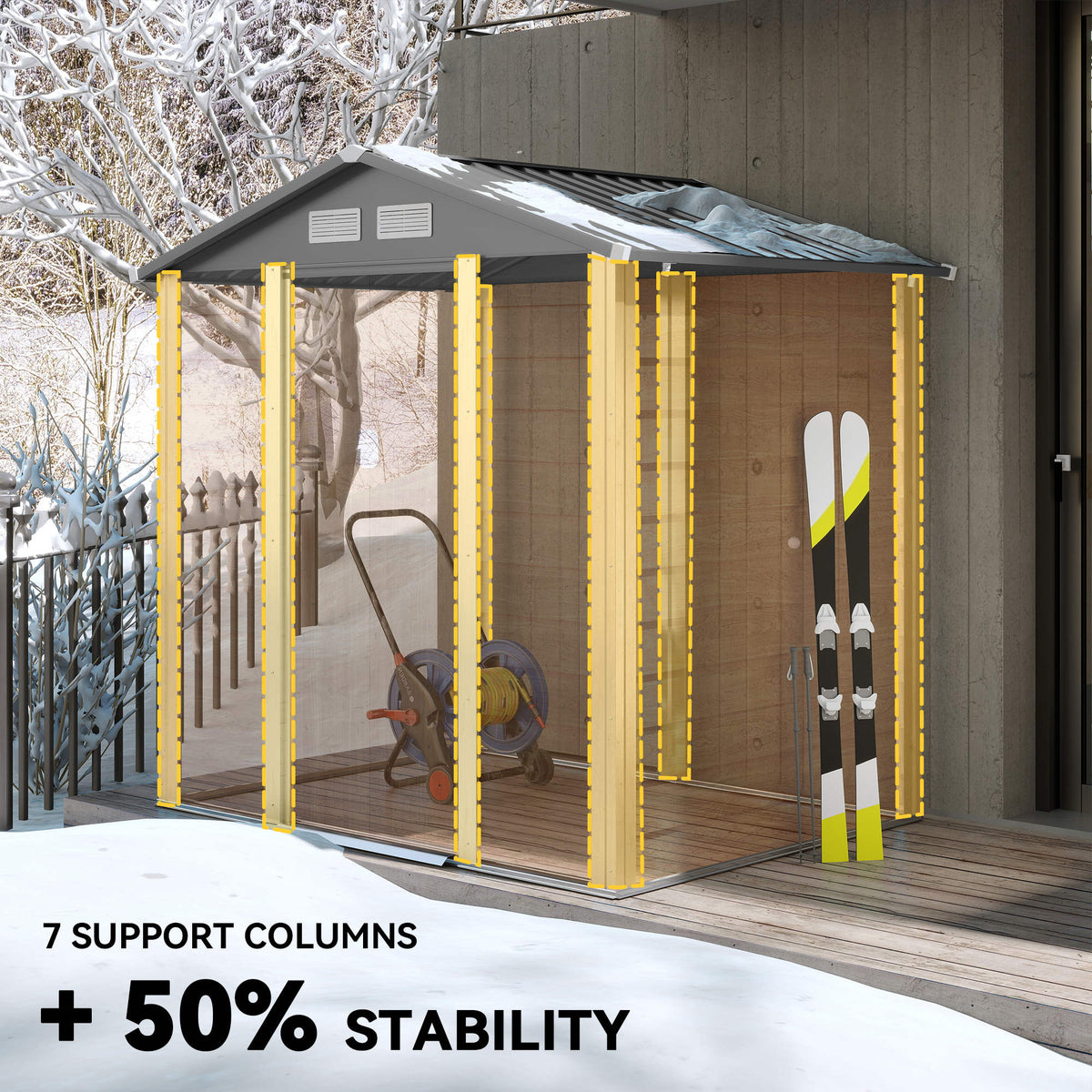 Outsunny garden shed with seven support columns and garden tools stored inside