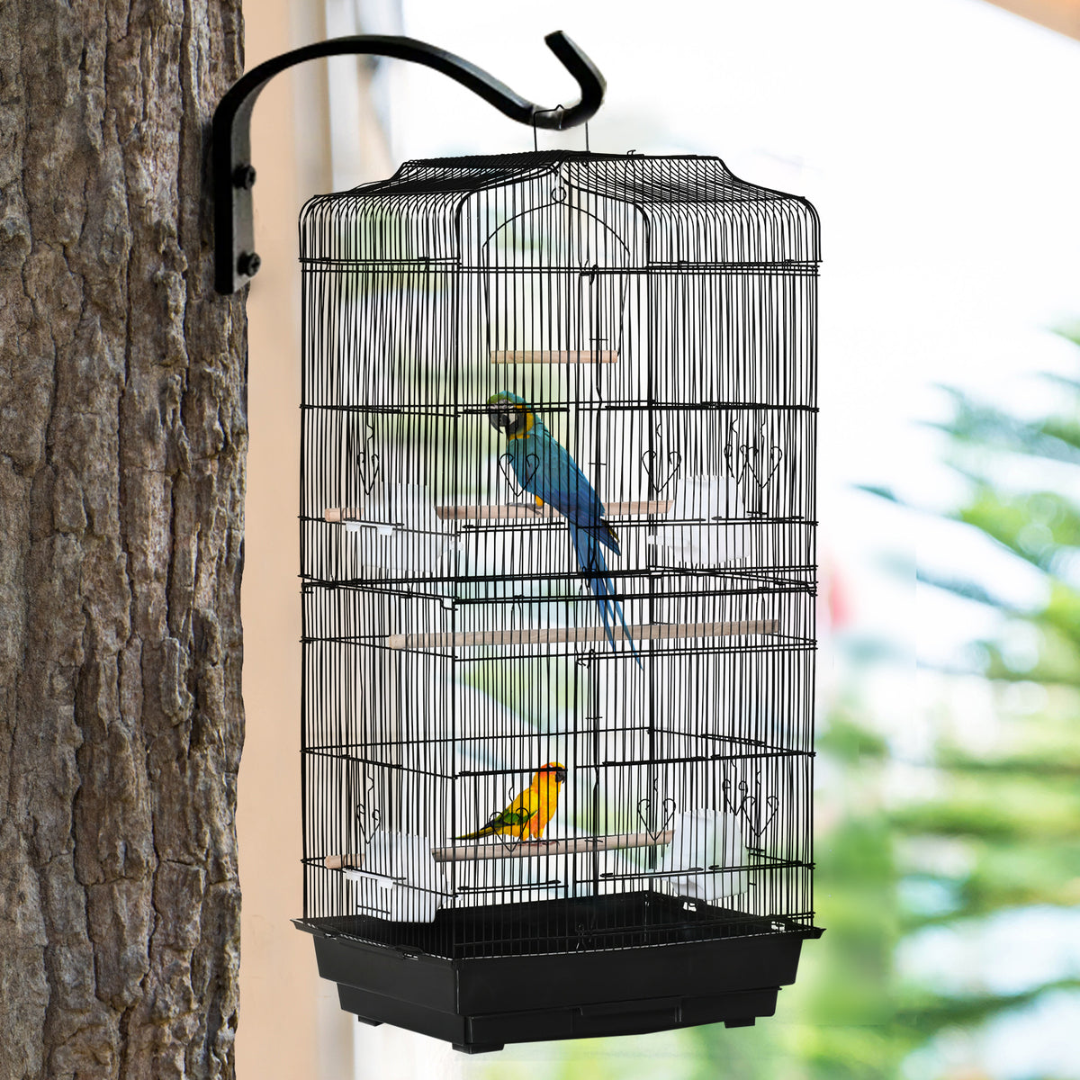 PawHut Large Metal Bird Cage with Stand, Perches, Food Bowls, Swing, for Budgies, Parakeets, Black