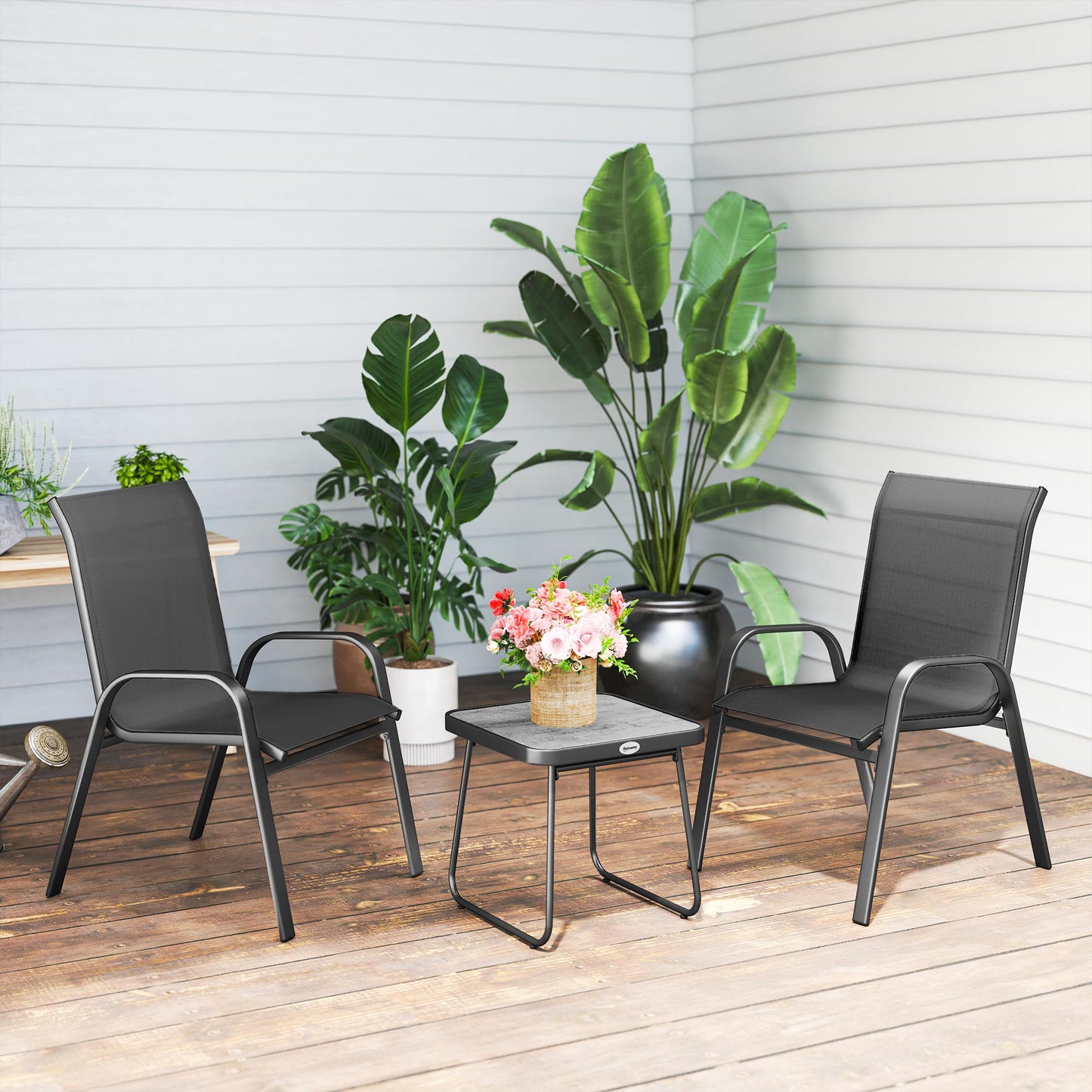 Outsunny 3 Pieces Outdoor Bistro Set, Patio Stackable Armchairs with Breathable Mesh Fabric and SPC Board Coffee Table, Black