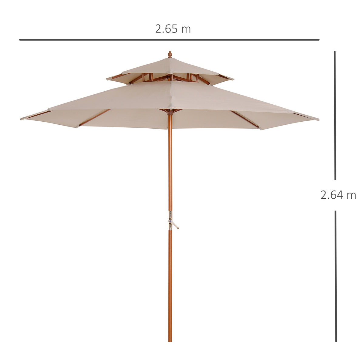 Beige two-tier wooden parasol with 2.65 m canopy width and 2.64 m height