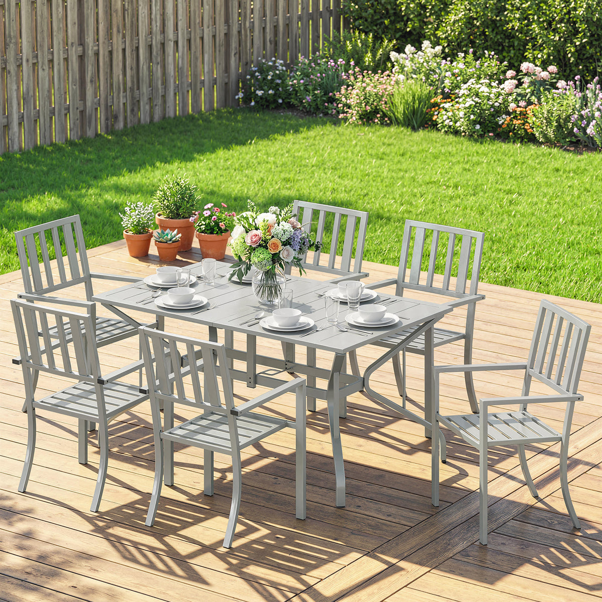 Outsunny 7 Pieces Garden Table and Chairs, 6 Seater Outdoor Table and Chairs with Umbrella Hole, for Garden, Light Grey