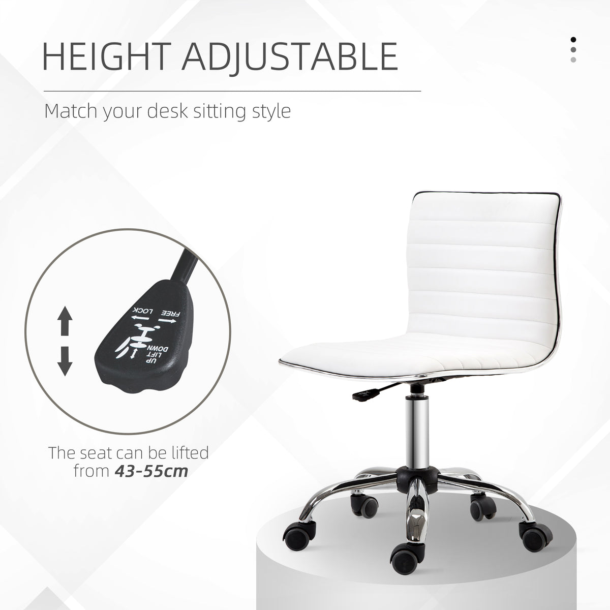 White adjustable office chair with a padded seat and chrome five-star caster base