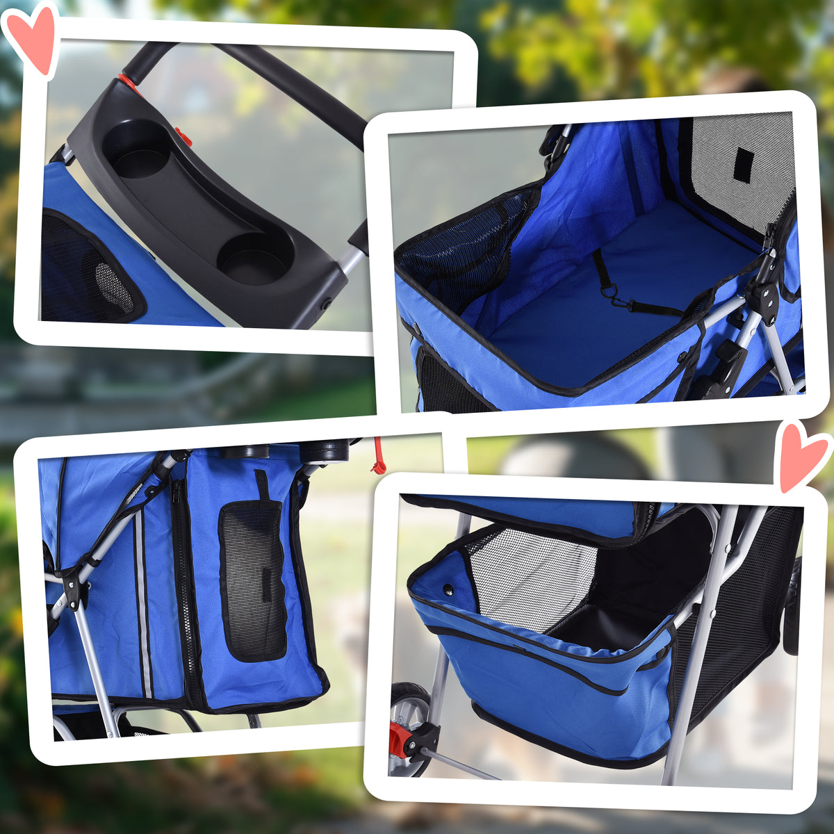 PawHut Pet Stroller for Small Miniature Dogs Cats Foldable Travel Carriage with Wheels Zipper Entry Cup Holder Storage Basket Blue