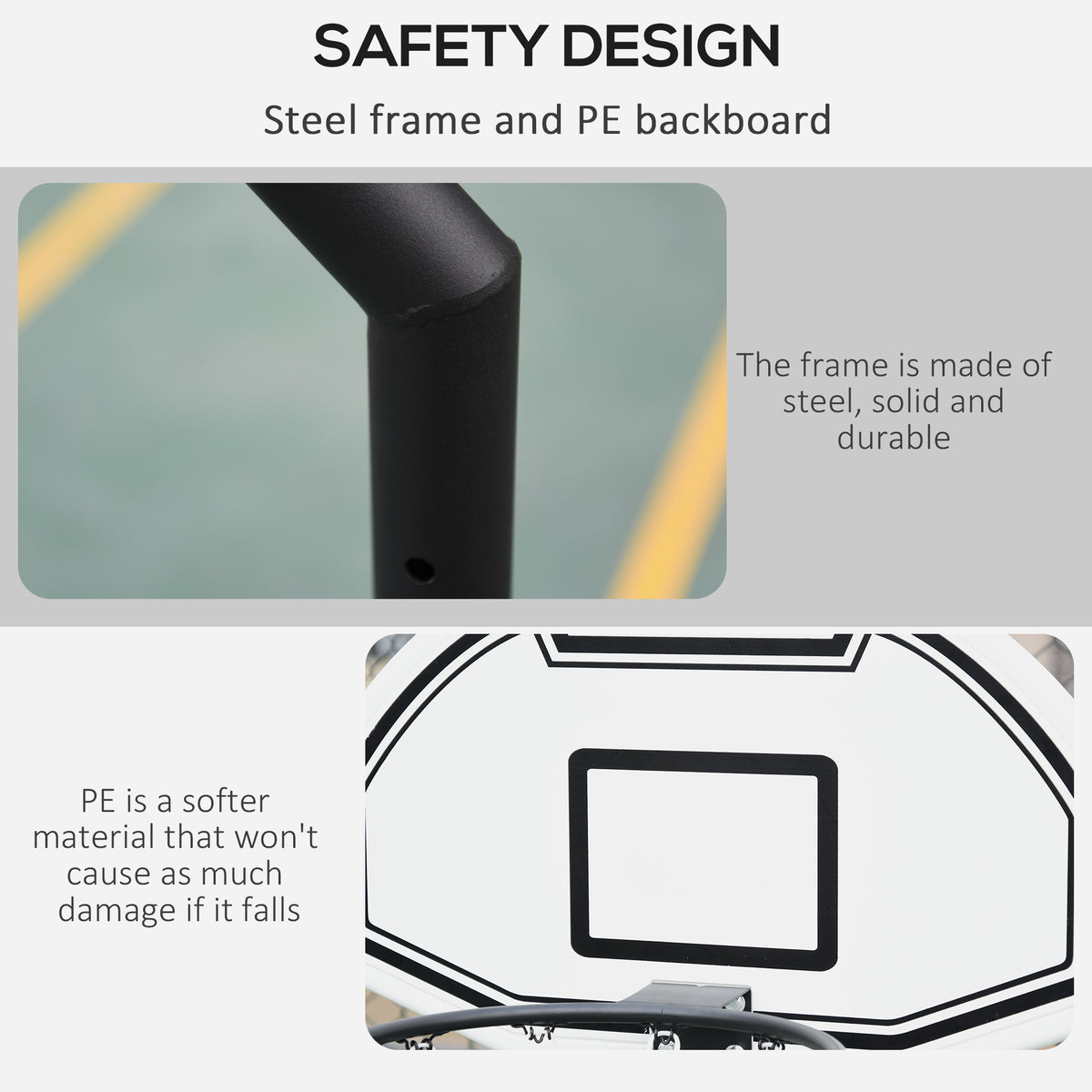 Basketball hoop steel pole and close-up of the white PE backboard