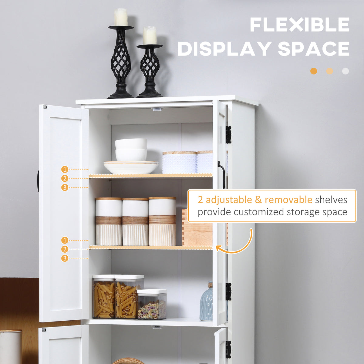 White storage cabinet with open doors and adjustable, removable interior shelves.