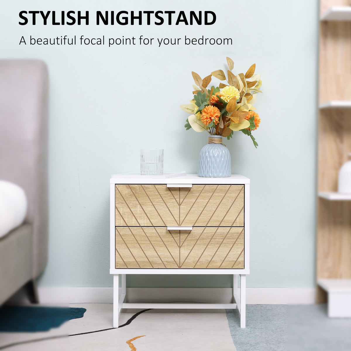 HOMCOM bedside table with two chevron-patterned oak drawers