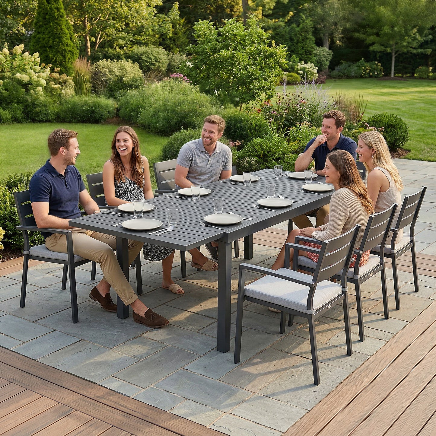 Outsunny Extending Garden Table for 6-8 People, Full Aluminium Outdoor Dining Table with Slatted Top, Dark Grey