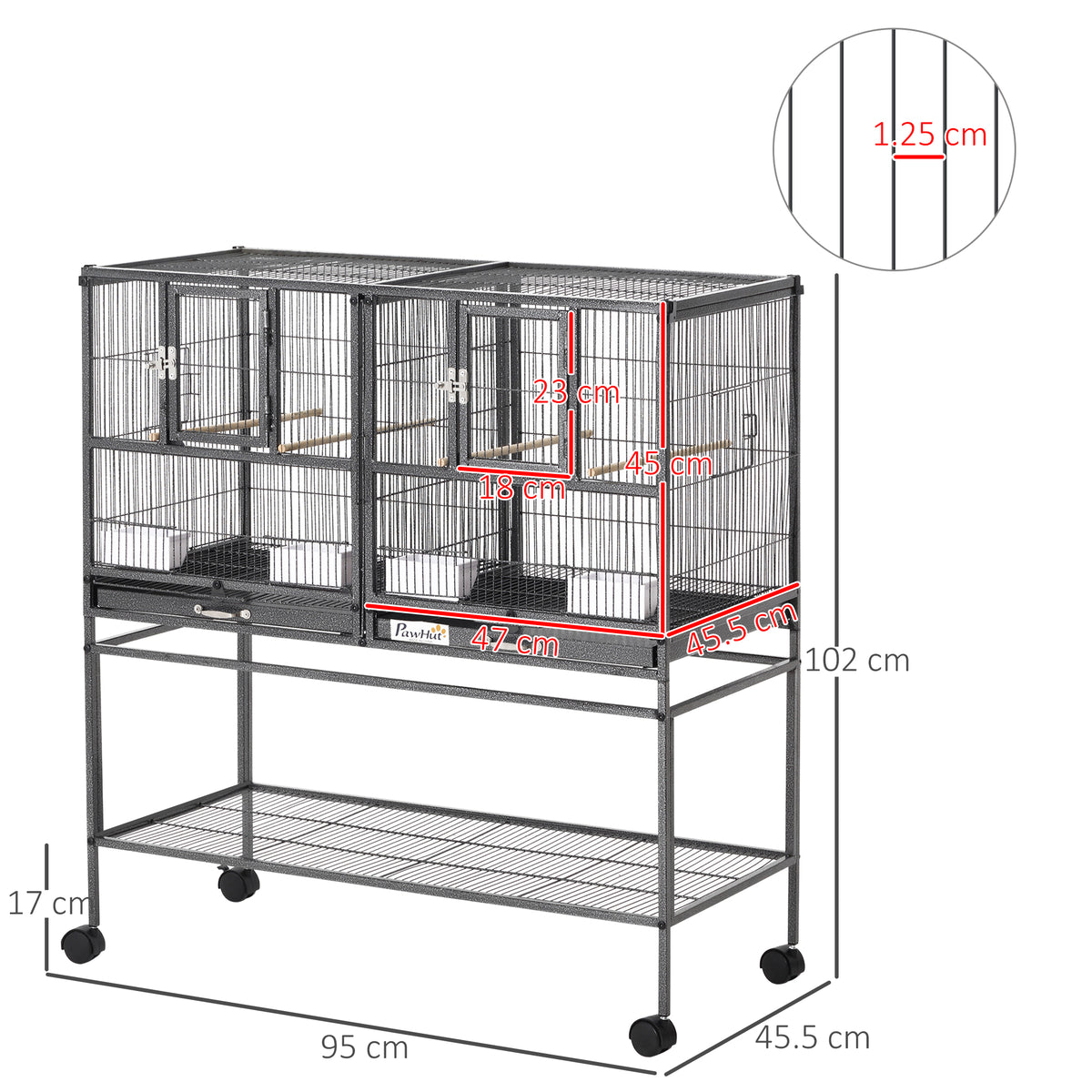 PawHut divided bird cage on a wheeled stand, with dimensions marked