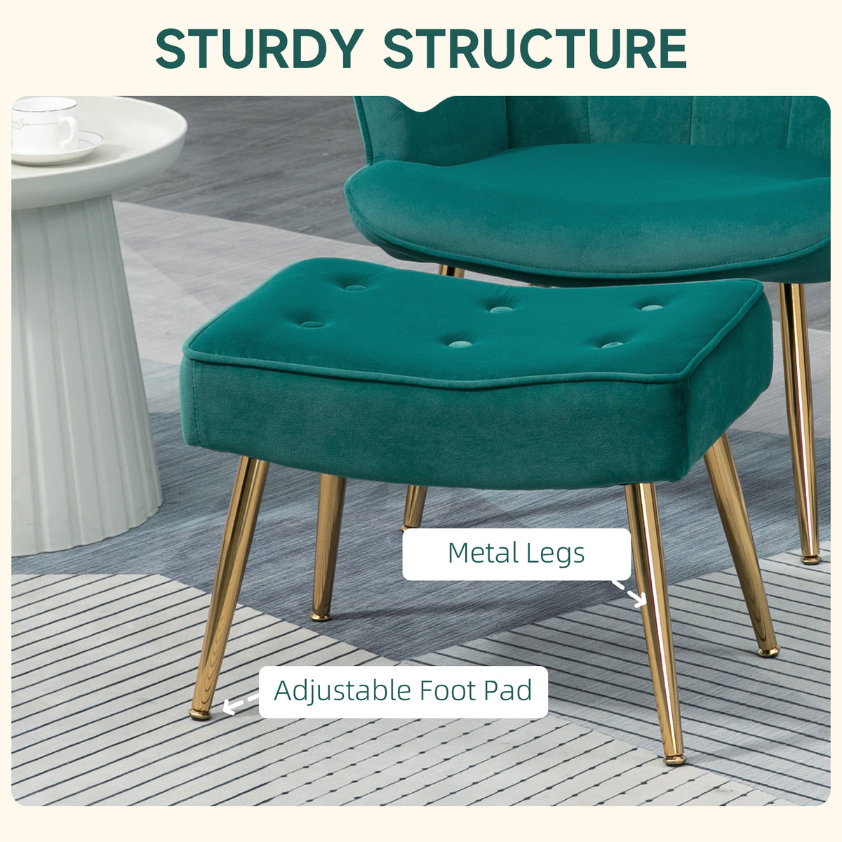 Dark green velvet footstool with button tufting and gold-tone metal legs