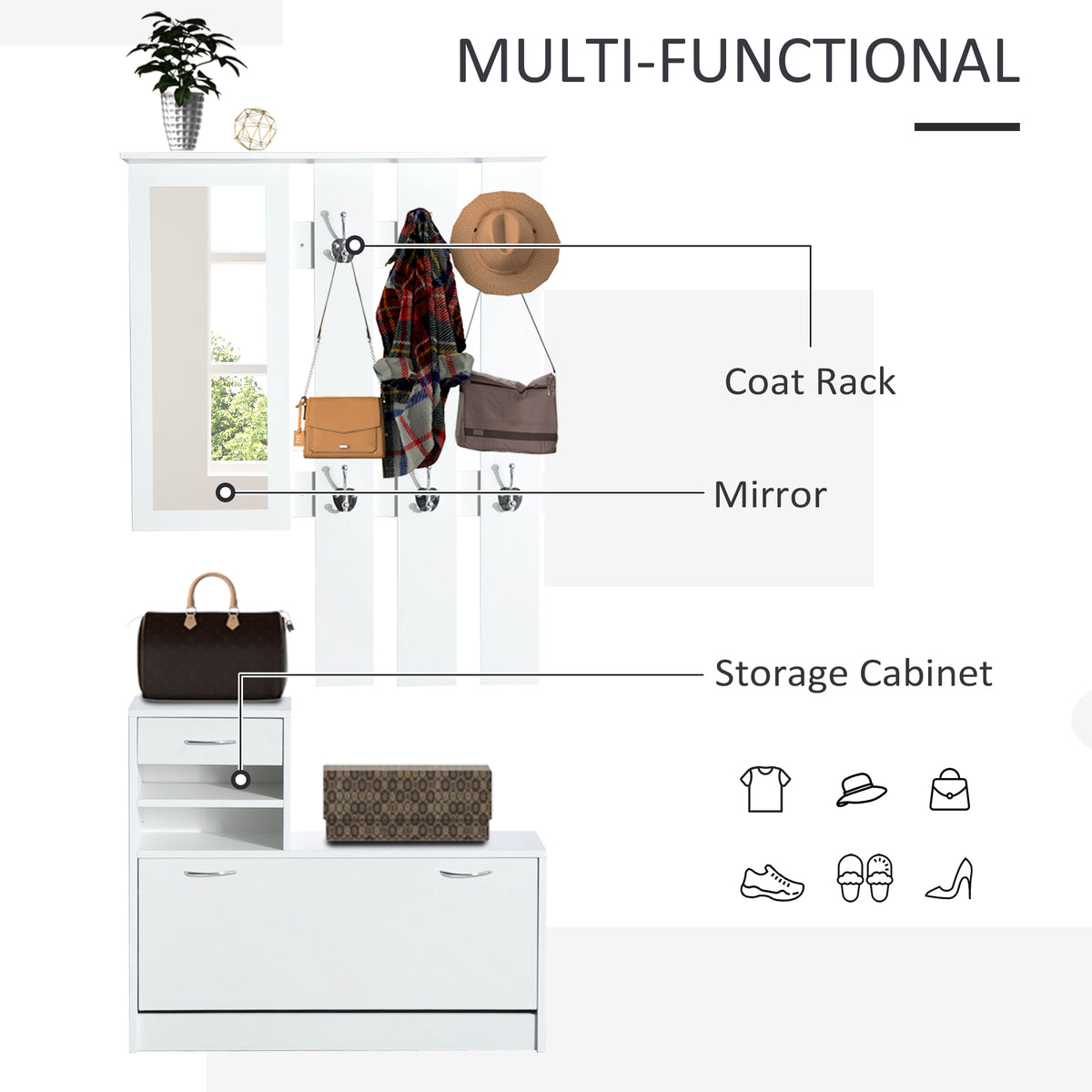 White shoe cabinet and wall-mounted coat rack with mirror, shelves, and six hooks
