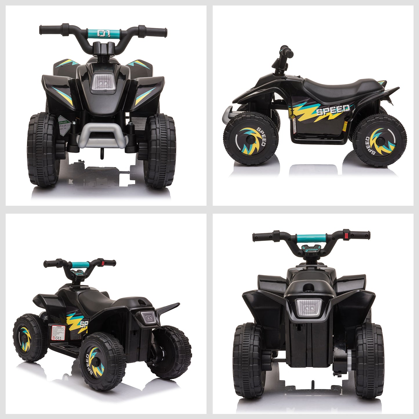 Black electric ride-on car shown from front, side and rear angles