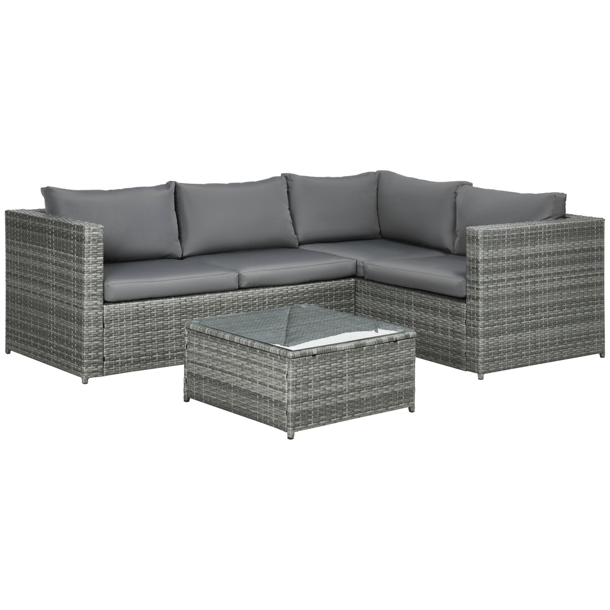 Photo of Outsunny 3 Pieces PE Rattan Garden Furniture Set with 10 cm Thick Cushions, 4 Seater Garden Corner Sofa Set with Glass Top Coffee Table, Outdoor Furniture for Patio, Porch, Grey in Grey colour on a white background