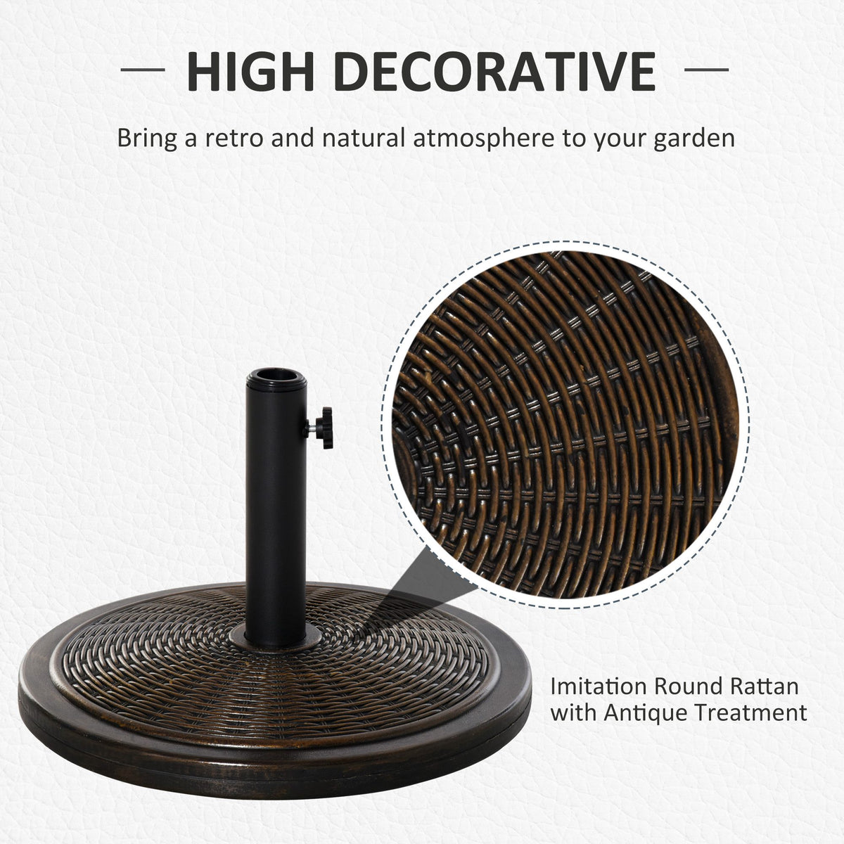 Decorative round parasol base with antique-look woven rattan pattern and black pole holder