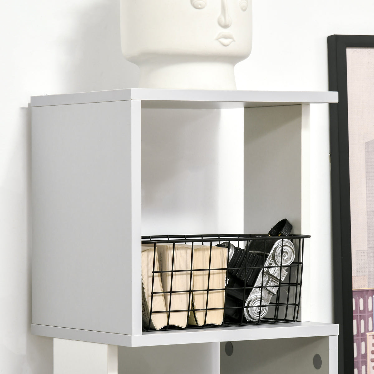 HOMCOM bookshelf close-up showing an open shelf and white side panels