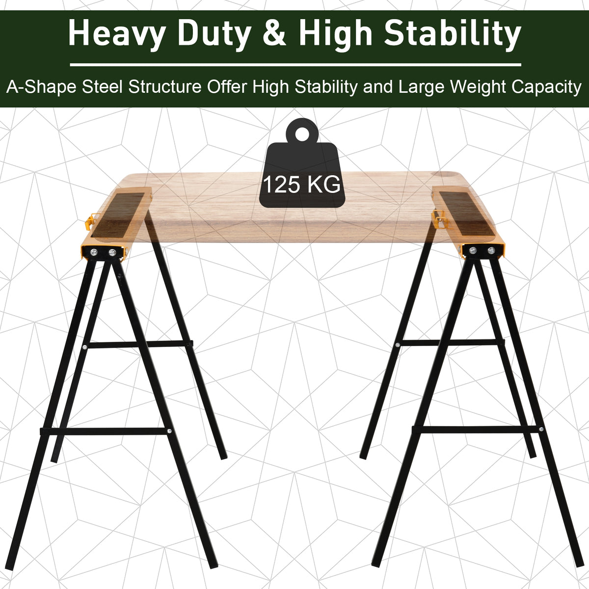 HOMCOM pair of black metal sawhorses supporting a board, rated for a 125 kg load
