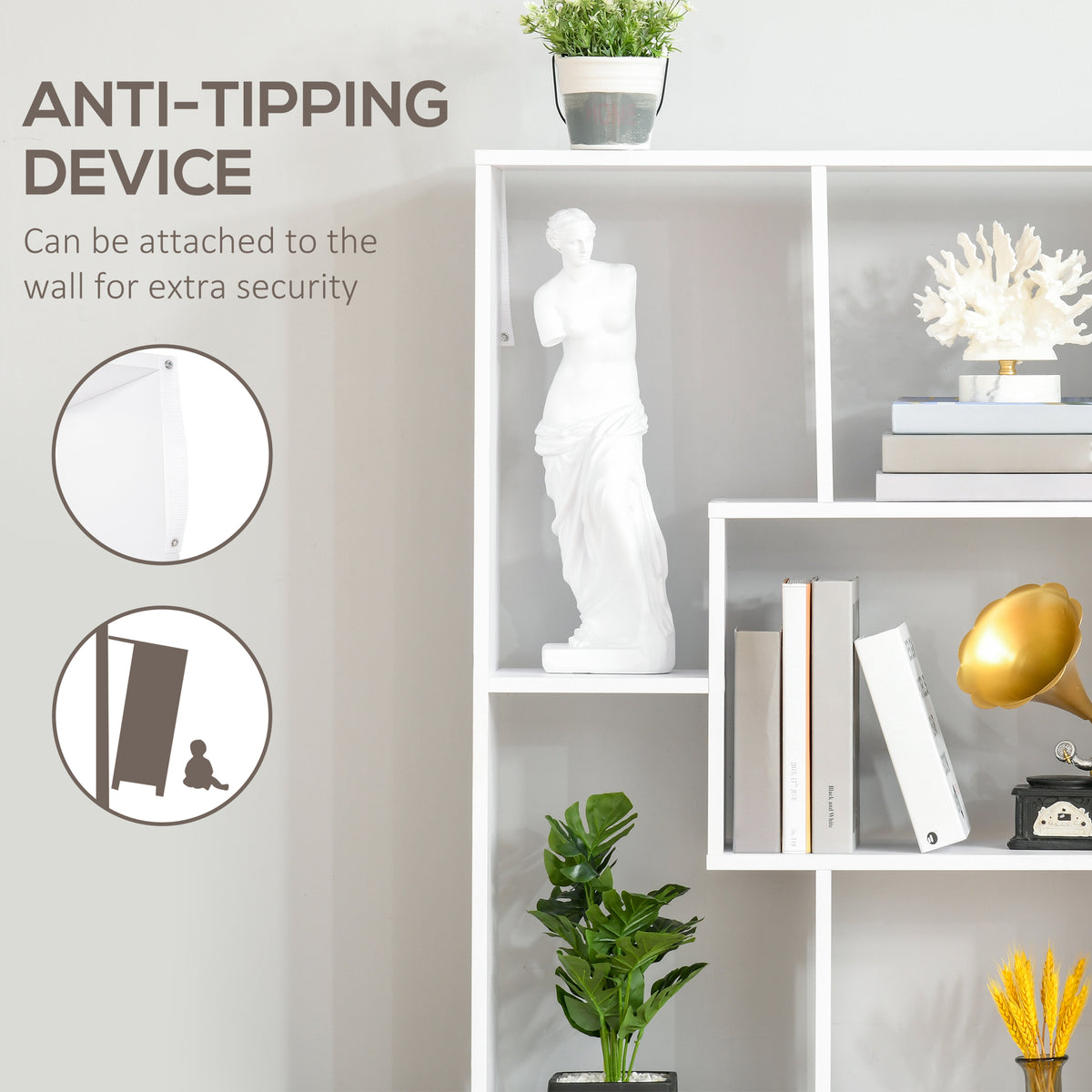 White room divider bookcase with open compartments and wall anti-tip attachment