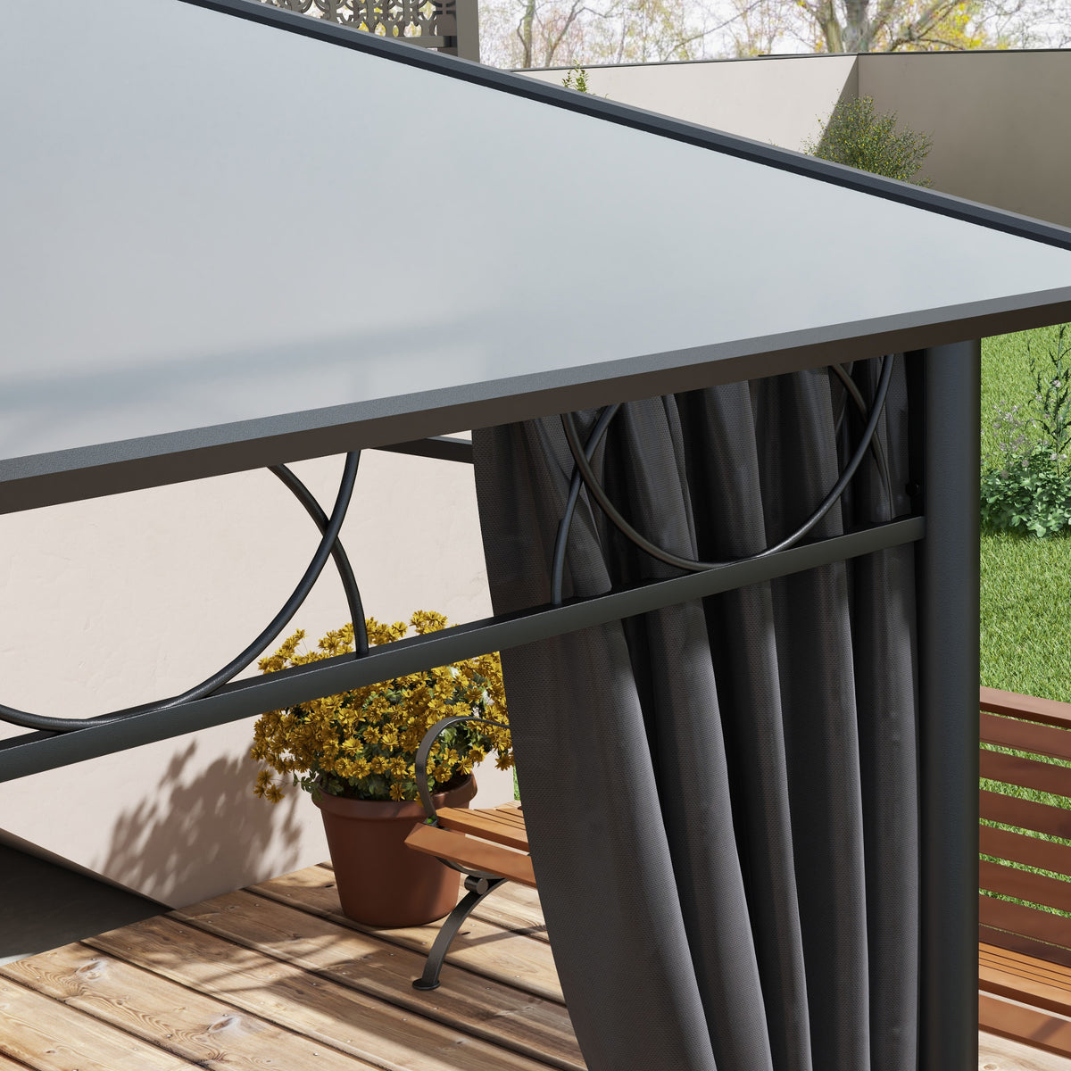 Outsunny Hardtop Gazebo Garden Pavilion w/ UV Resistant Polycarbonate Roof, Curtains, Steel & Aluminium Frame, 3 x 4(m), Grey