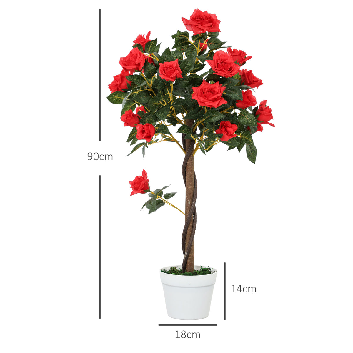 Artificial red rose tree in a white pot, shown with 90 cm height and pot dimensions