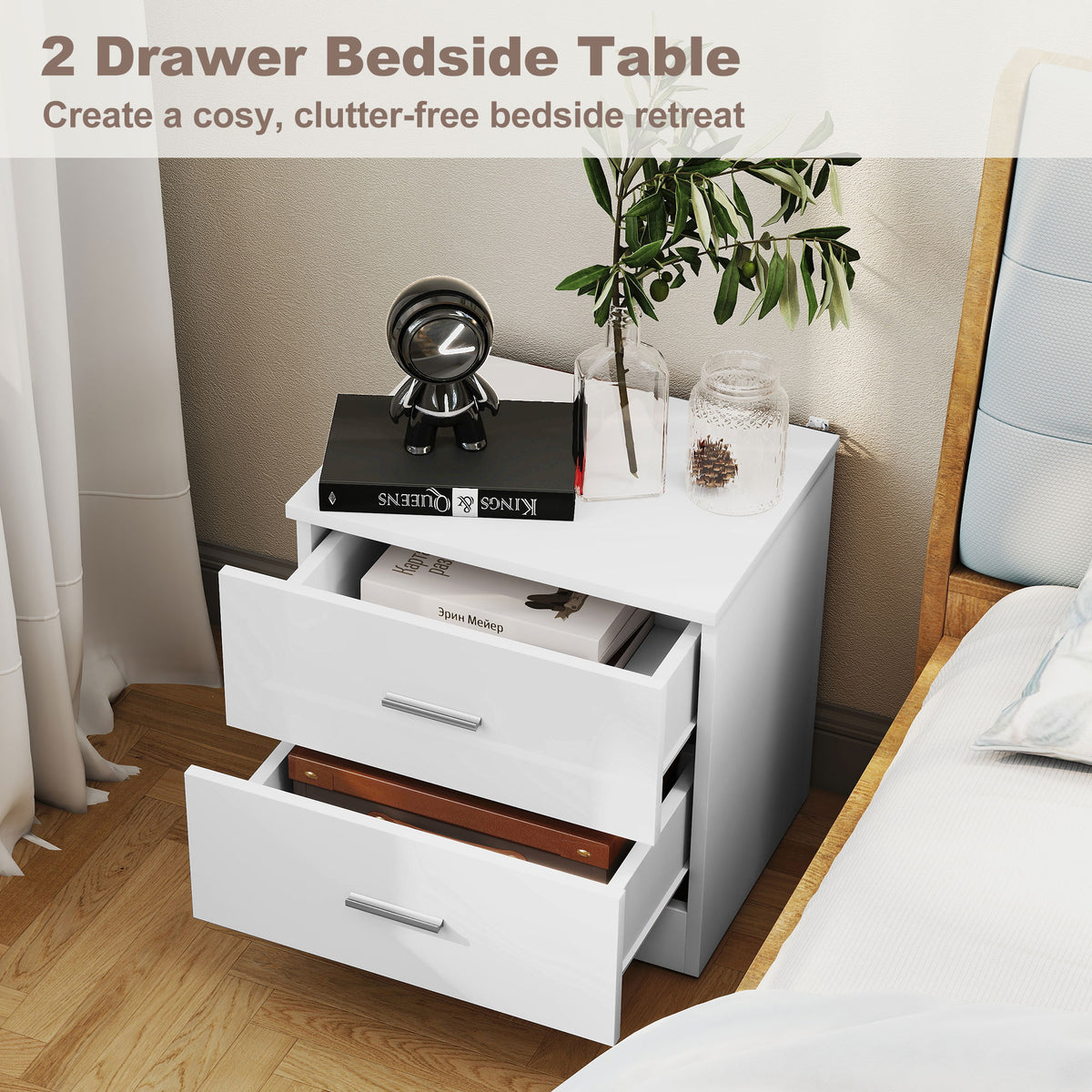 HOMCOM High Gloss 3 Piece Trio Bedroom Furniture Set Wardrobe + Chest Of Drawer + Bedside White