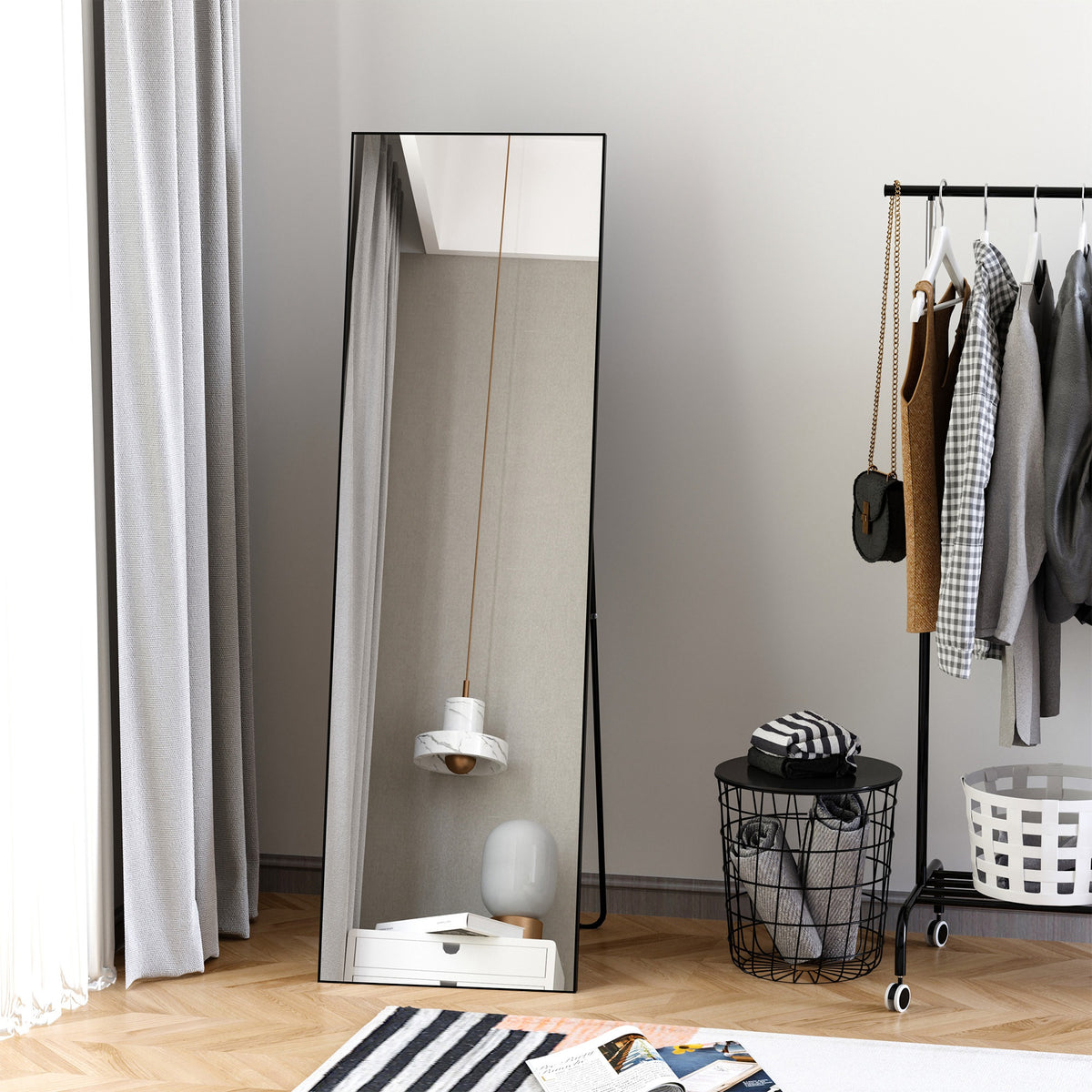 HOMCOM Full Length Mirror, Aluminium Alloy Framed Full Body Mirror with Shatterproof Layer, Standing or Wall Hanging, Black